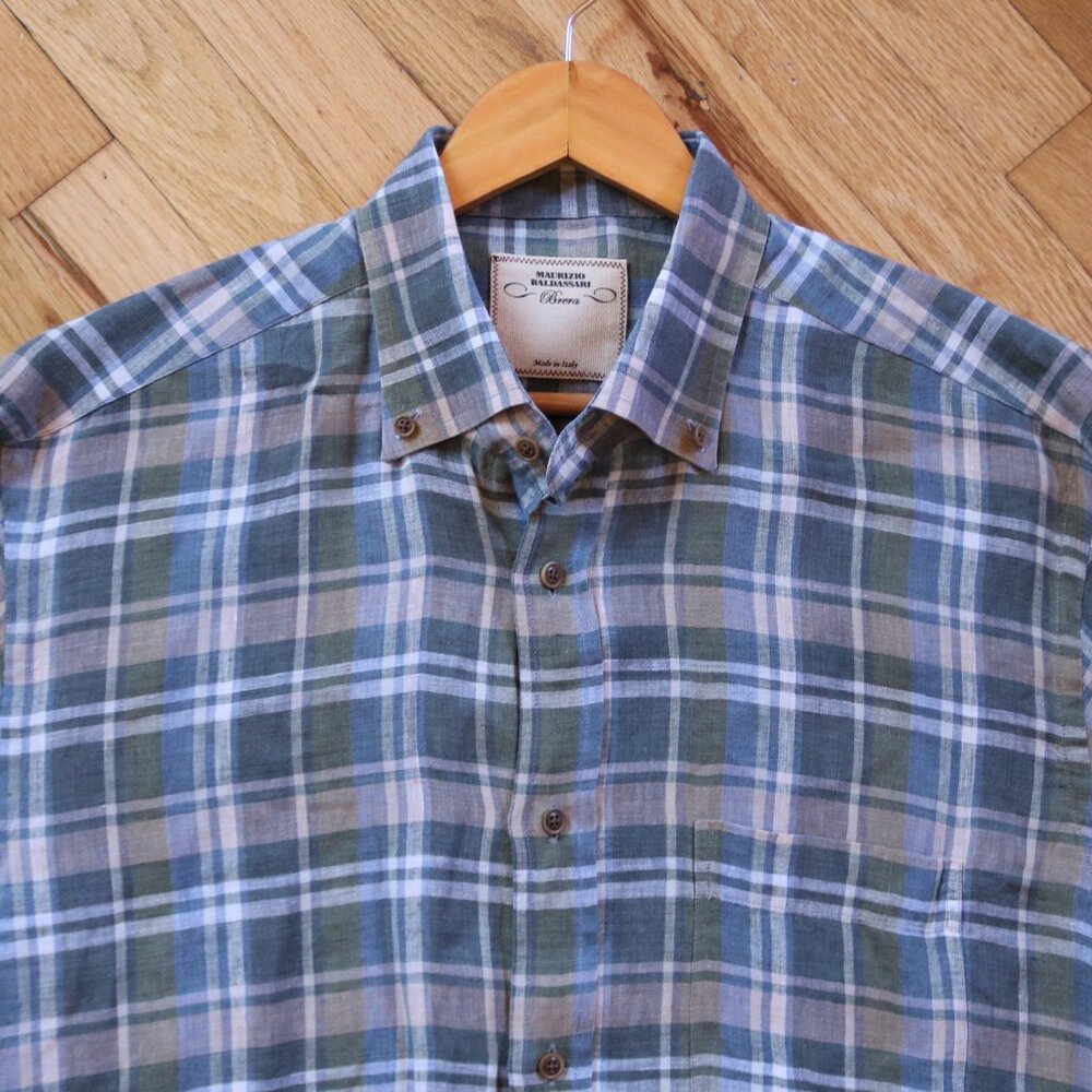 Maurizio Baldassari Brera Shirt Men's L Plaid 100% Linen Button-Down Azure Gray - Picture 2 of 8